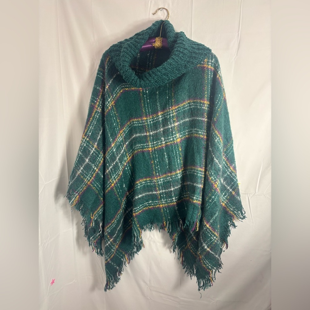 Teal Plaid Fringe Turtleneck Cabincore Poncho‎ Cape Sweater Women’s M-XL